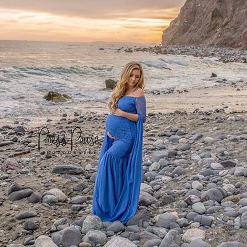 Maxivestido de maternidad para sesión de fotos de mujer embarazada, ropa Sexy de gasa de encaje, Vestido largo de sirena para fotografía de embarazo