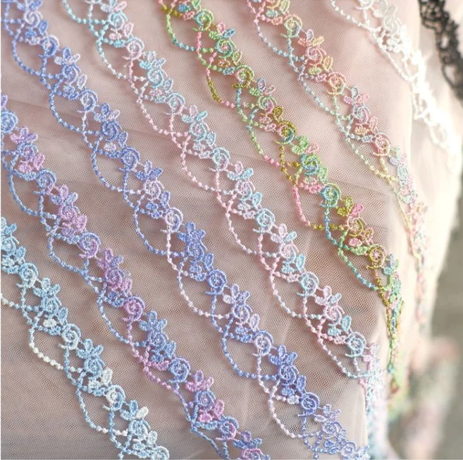 2 Yards/lot Colorful Quality Flower Embroidered Lace Fabric Water Soluble Lace Trim DIY Sewing Handmade Craft Ribbon Materials