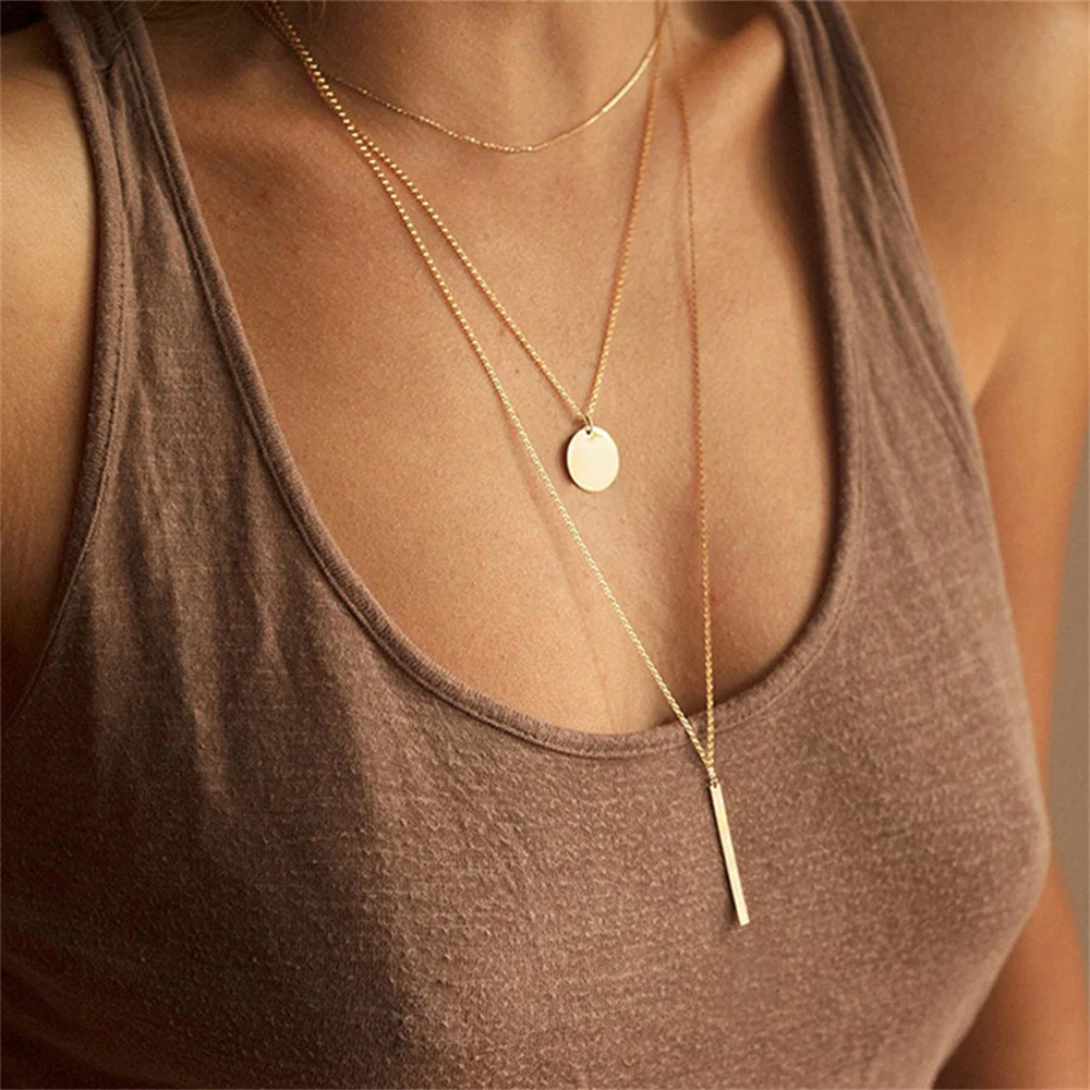 Fashion Multilevel Gold-plate Simple Geometric Rectangle Round Sequin Pendant Necklace For Women Female Chain Collar Jewely Gift