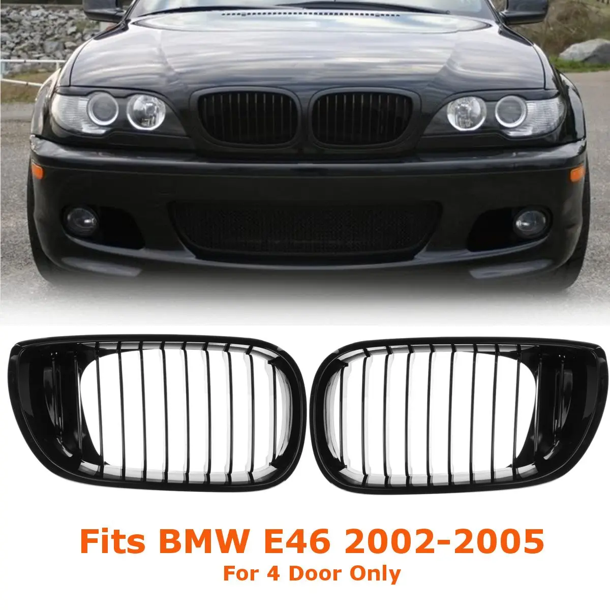 2Pcs Car  Gloss Black Car Front Kidney Racing Grille Grill For BMW E46 LCI 4D 325i Facelift 2002 2003 2004 2005