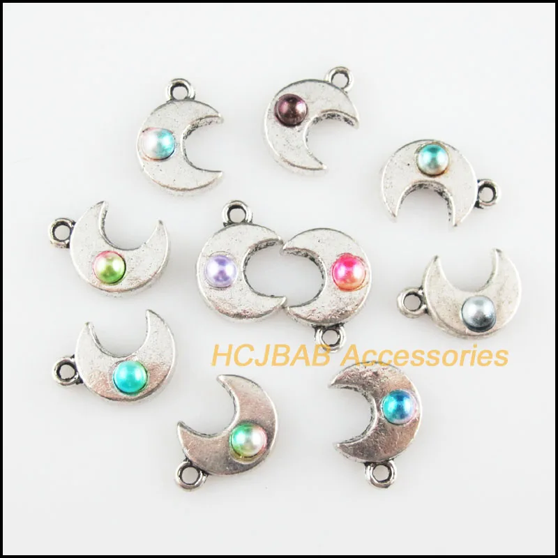20 New Moon Charms Mixed Acrylic Beads Pendants Tibetan Silver Tone 11x15.5mm