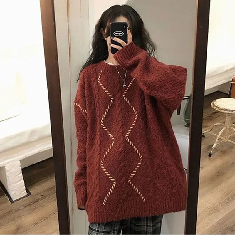 Twisted Sweater Women Christmas Vintage Chic Burgundy All-match Korean Fashion Girls Knitwear Long Sleeve Autumn Lovely Pullover