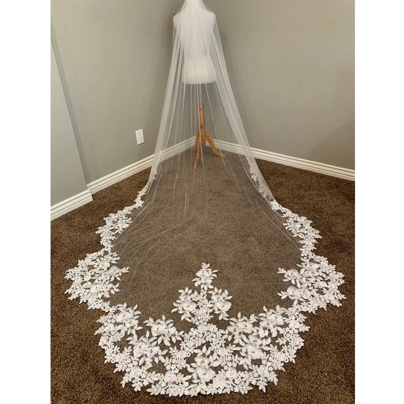 3 Metres Scallop Lace Bridal Wedding Veils With Come One Layer White Ivory Cathedral Tulle Floral Long Flowers Veil for Brides