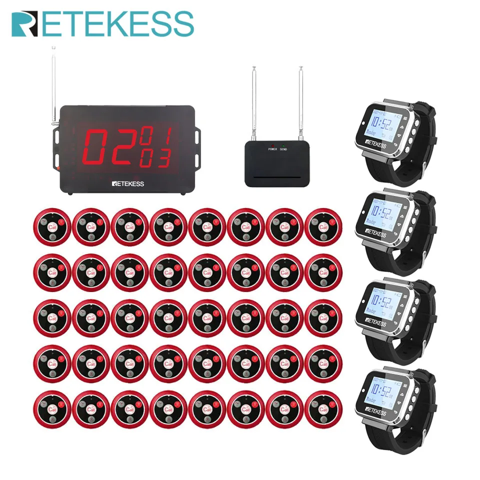 

Retekess Wireless Pager Restaurant Calling System Host + 4 TD110 Watch Receiver + Signal Amplifier+ 40 T117 Hookah Call Buttons