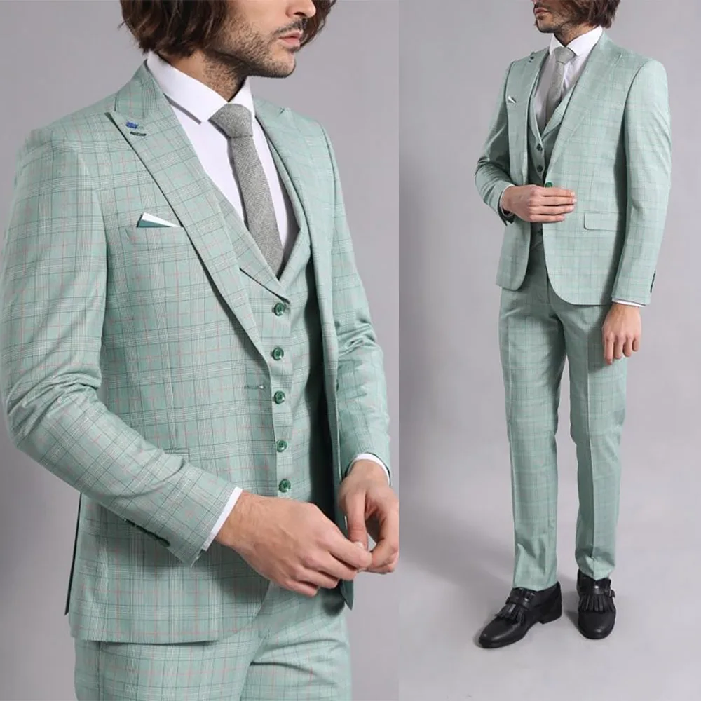 3 pezzi Plaid verde smoking da uomo Blazer e pantaloni e gilet sposo Groomsmen abito abiti da uomo moda su misura