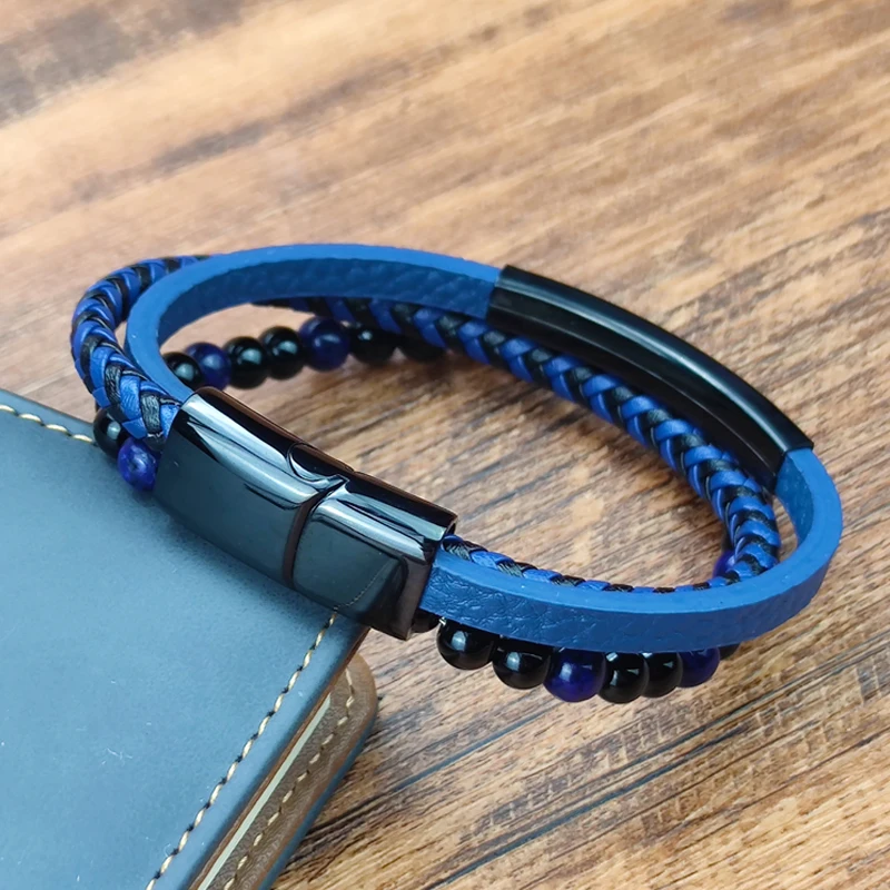 2021 Blue Stone Bracelet Genuine Blue Leather Braided Bracelet Stainless Steel Magnetic Clasp Tiger Eye Bead Bangles Men Jewelry