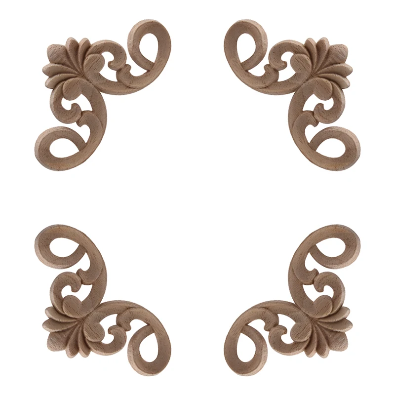 4PCS Unpainted Ornamental Antique Wood Mouldings Onlay Wood Applique Wood Decal Flower Long Wooden Furniture Corner Walls Window
