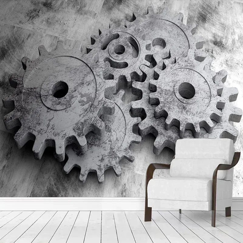 Custom Mural Wallpaper 3D Cement Grey Mechanical Gear Fresco Living Room Restaurant Background Wall Paper 3D Waterproof Sticker