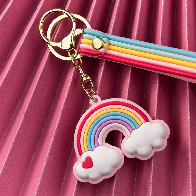 New PVC Cute Rainbow Keychain Love White Cloud Car Keyring Bag Couple Pendant Soft Colorful Lanyard Gift Stationery Supply