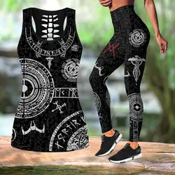 Valknut Symbol Tattoo 3D Print Hollow Tank Top & Leggings Set Fitness Female Full Length Leggings Comfortable Yoga Pants LKB-04