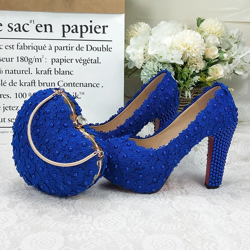 BaoYaFang Royal Blue Flower Wedding shoes and bags sets Ladies Platform shoes woman High heel shoes Thick Heel heart purse