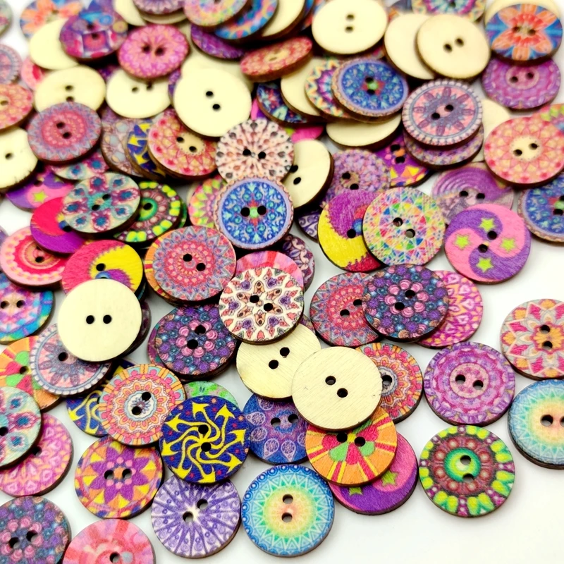 100Pcs Multicolor Retro Pattern Wooden Buttons For Handwork Sewing Scrapbook DIY Crafts Clothing Accessories Gift Card Decor