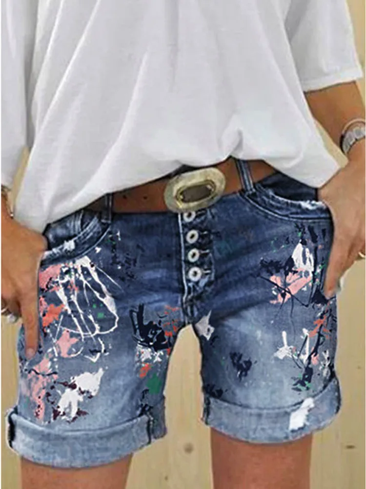 2025 weibliche Casual Böden Harajuku Vintage Streetwear Sommer Neue Tasten Frauen Denim Shorts Gewaschen Blume Drucken Jeans – Detail 5