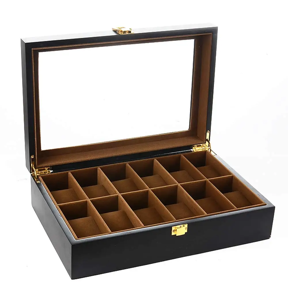 Watch Wood Box For Mens 12 Slot Watches Organizer Case Matte Finish Golden Buckle Real Glass Watches Display Stand Holder