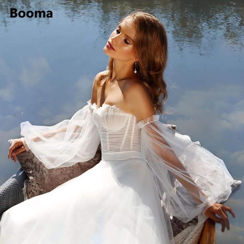 

Booma 2022 Simple Sweetheart Beach Wedding Dresses Off Shoulder Detachable Sleeves Pleated Tulle A-Line Birdal Gowns Open Back