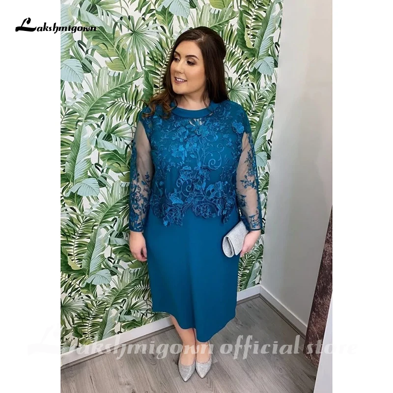 Gaun Ibu dari Pengantin Wanita Biru Ukuran Plus Gaun Ibu Pengantin Pria Panjang Applique Renda untuk Pernikahan Sifon Lengan Panjang A-line