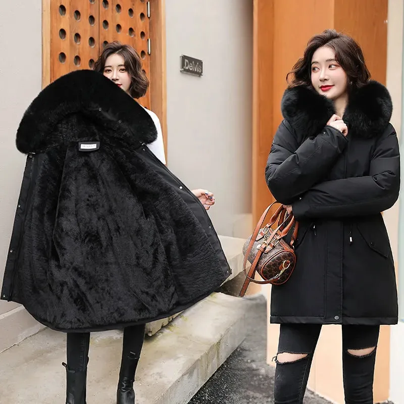 2023 New Winter Jacket Women Parka Fashion Long Coat Wool Liner Hooded Parkas Slim With Fur Collar Warm Snow Wear Padded Clothes