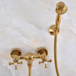 Luxury Polished Gold Color Brass Bathroom Hand Held Shower Head Faucet Set Mixer Tap Dual Cross Handles mna968
