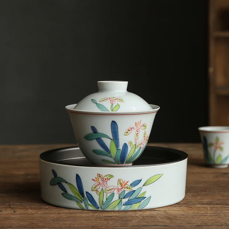 Underglaze Color Hand-painted Iris Flower Pot Handmade Saucer Round Ceramic Tea Tray Water Storage Kung Fu Tea Set Accessories