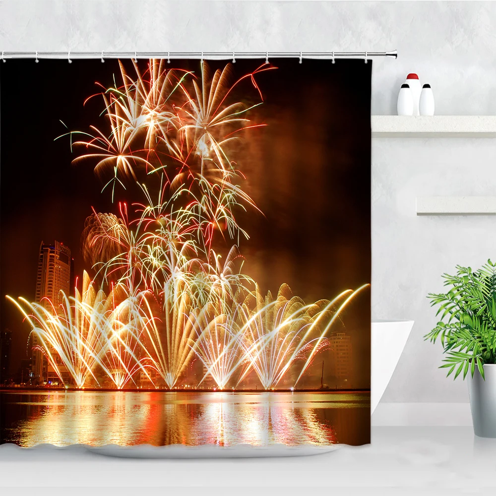 City Night View Fireworks Shower Curtains Fabric Bath Screen Arch Bridge Natural Scenery Modern Home Decor Bathroom Curtain Set