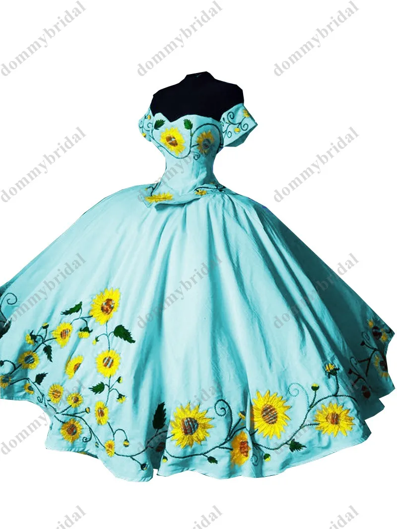 2023 Dark Blau Sonnenblumen Stickerei Ballkleid Günstige Quinceanera Kleid Charro Mexikanischen Satin Off Schulter mit Ärmeln Formale Prom