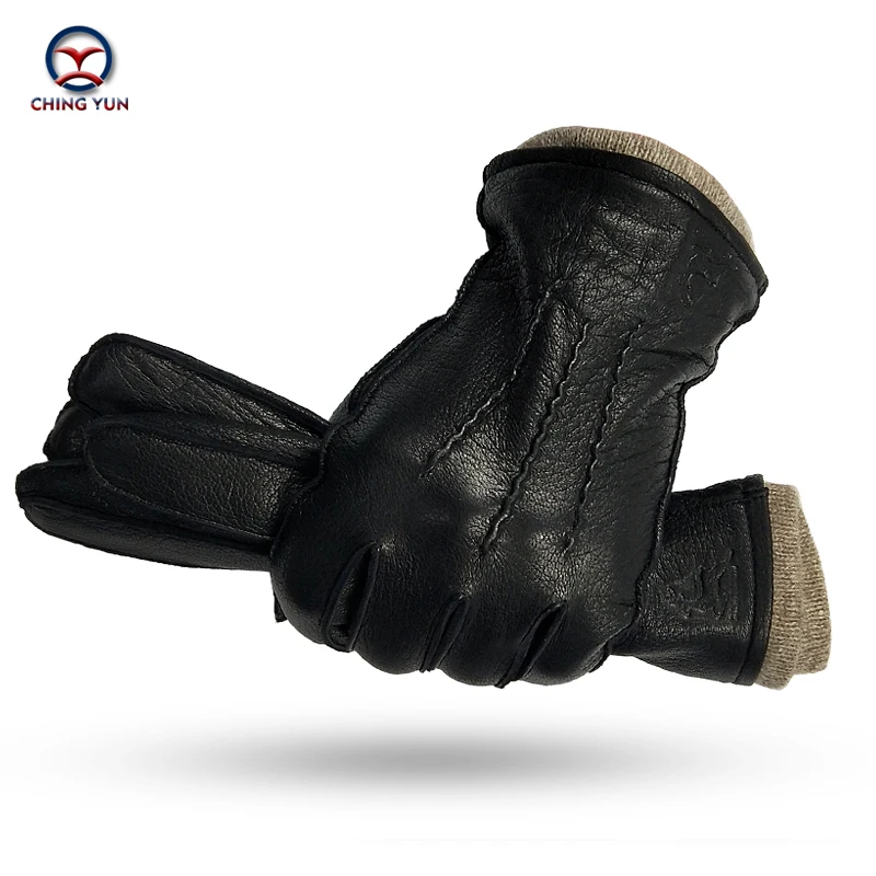 CHING YUN winter men's deerskin gloves buckskin men's warm and soft External suture men's black gloves 70% wool lining