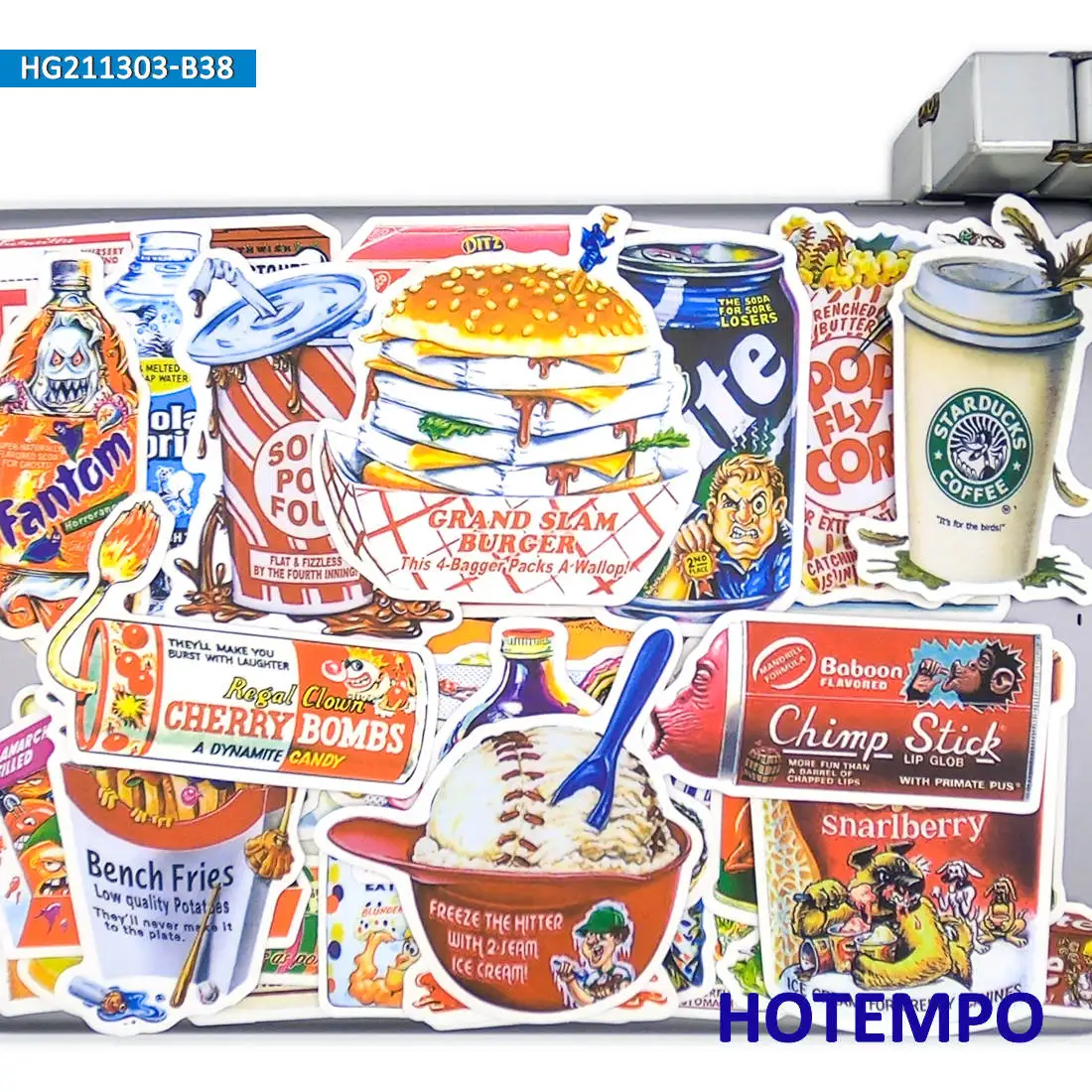 38 stuks, Snacks Drankjes Eten Spoof Outer Packing Stickers, Retro Graffiti Kunst Stickers, voor telefoon, laptop, skateboard, motorfiets, auto, fiets, gitaar, Stickers Speelgoed