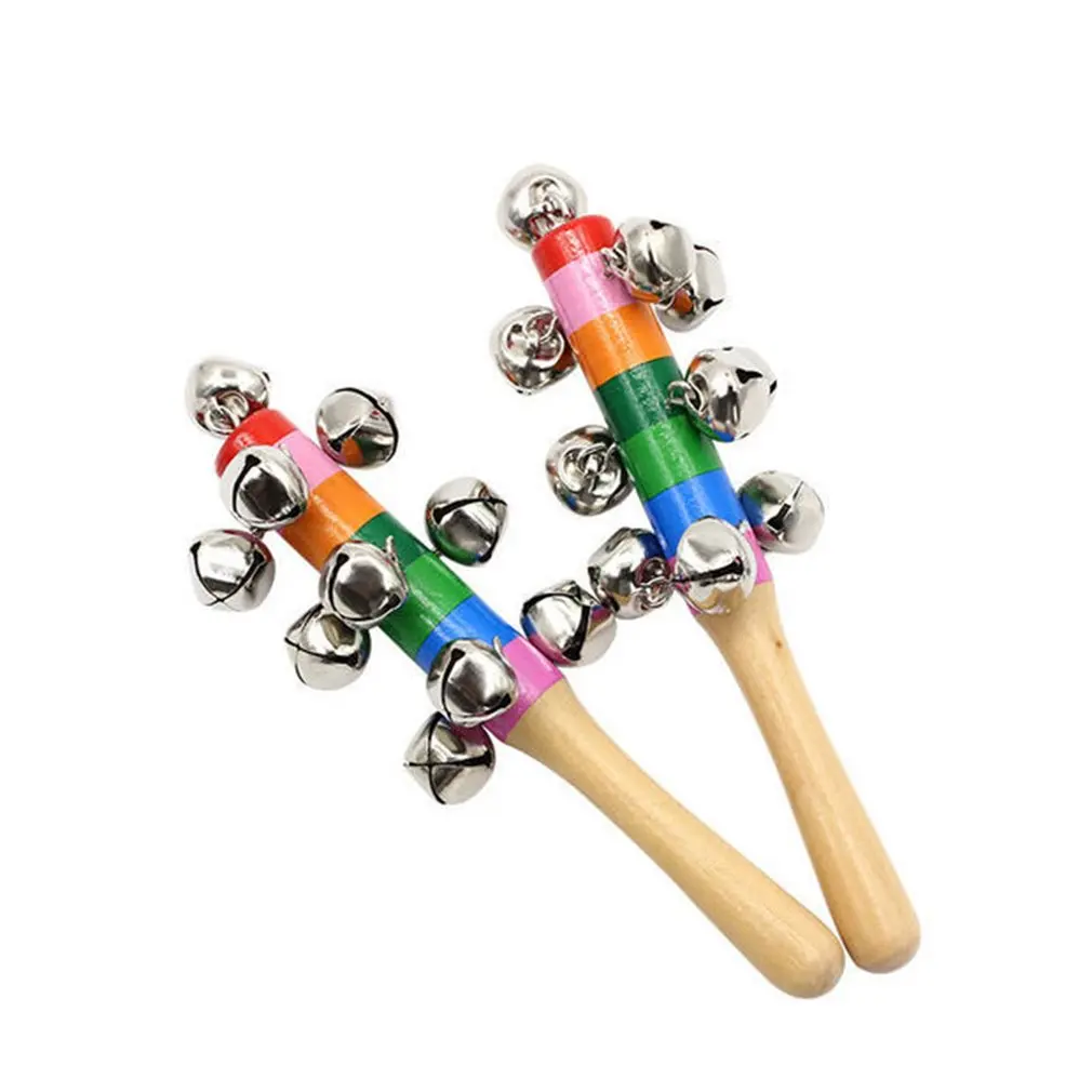 Baby Rattle Held Bell Stick Wooden With 10 Metal Jingles Ball Colorful Rainbow Percussion Musical Toy Baby Attetion Training Toy