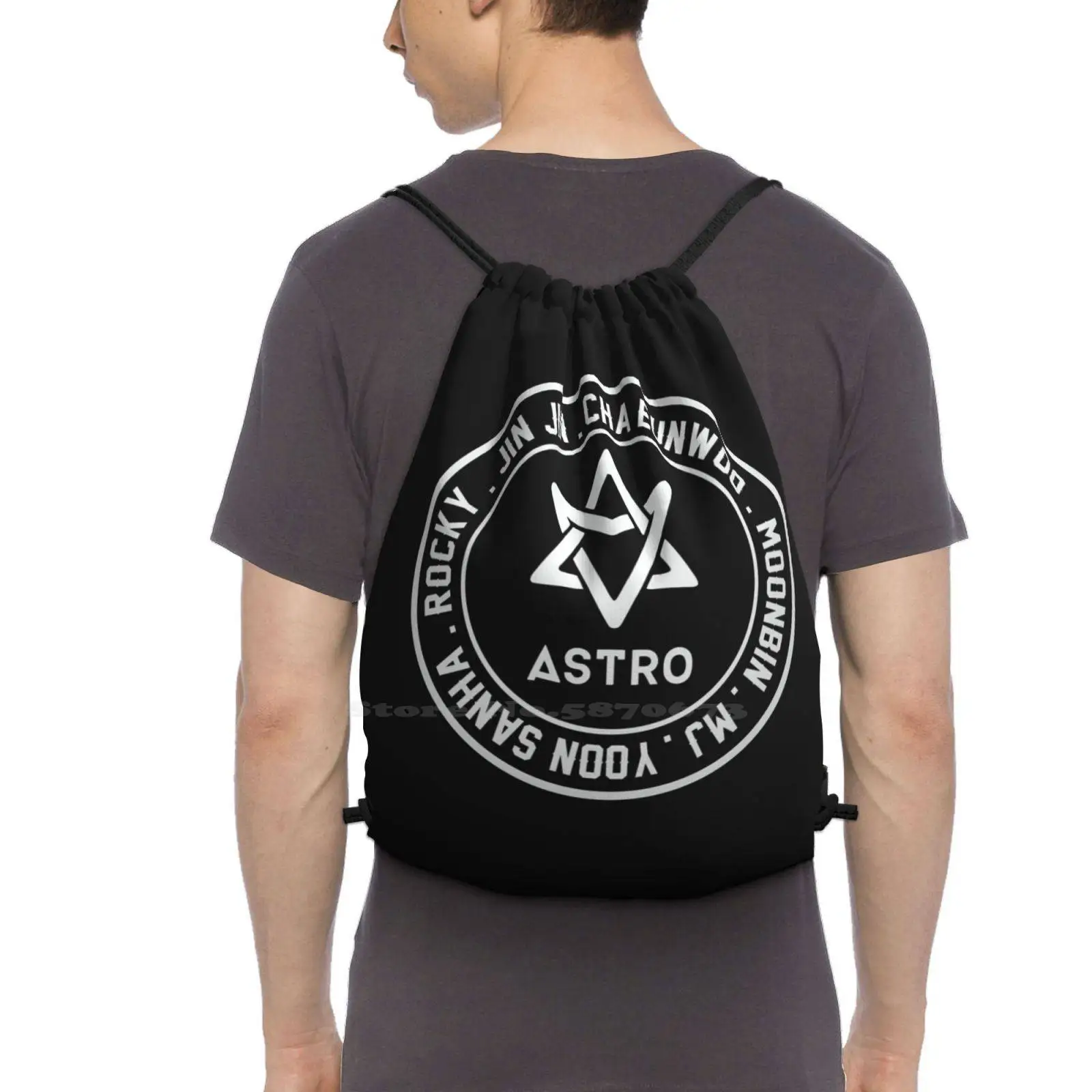 Astro Member-mochila plateada para estudiante, bolsa de viaje con cordón para ordenador portátil, Astro Cha, Eunwoo, Yoon, Sanha, Rocky, Jin, Moonbin