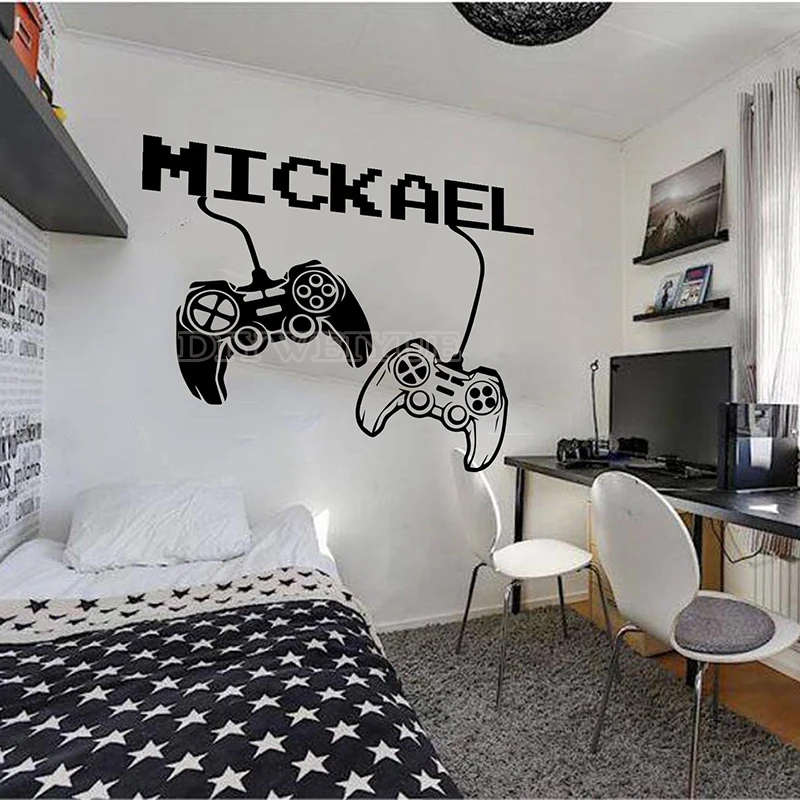 Custom Name Game Control Wall Decal Gamer Personalized Name Wall Sticker Game Playroom Decor Vinyl Boys Kids Room Decor Z866