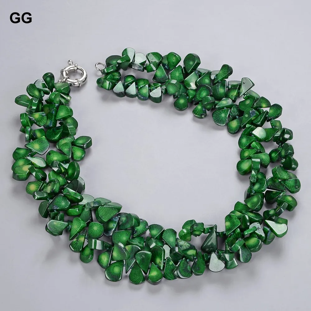 

2 Rows Natural Green Coral Necklace Multi Strands Handmade Jewelry Gifts