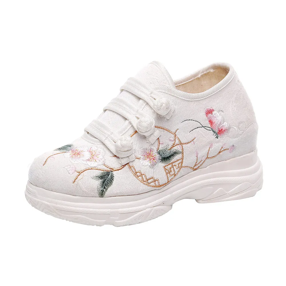 Veowalk Flower Embroidered Women Jacquard Clunky Sneakers Hidden Platform Soft Dorky Dad Shoes Chic Ladies Casual Creepers