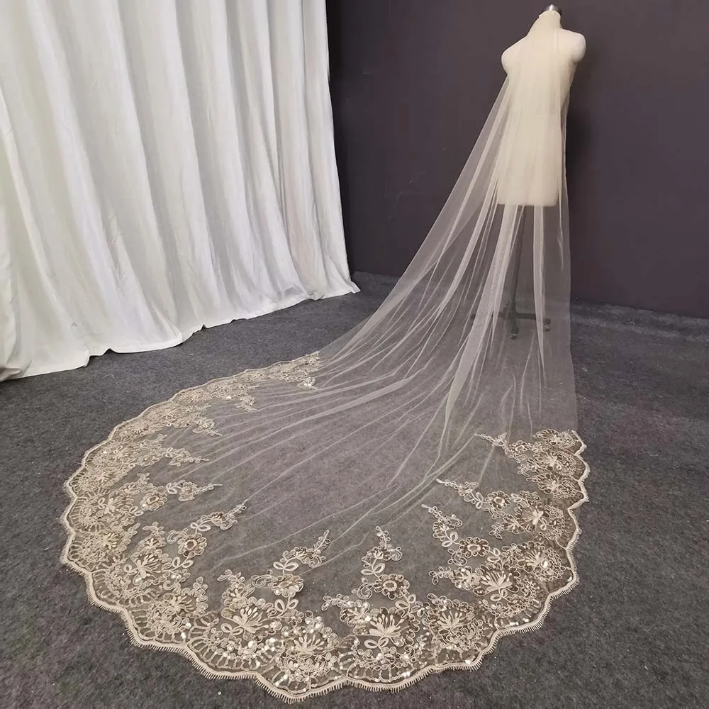 Champagne Lace Long Wedding Veil Shine Sequins Lace Soft Tulle Bridal Veil with Comb Cathedral Veil Wedding Accessories