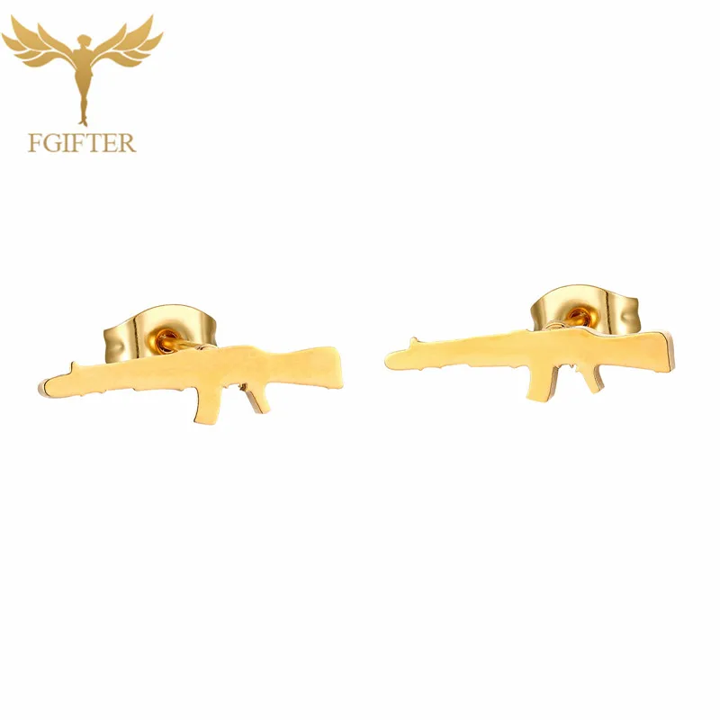Rock Women Men Jewelry AK 47 Rifle Gun Design Stud Earrings For Boys Golden Stainless Steel Earings Wholesale 12 Pairs Pack image 6