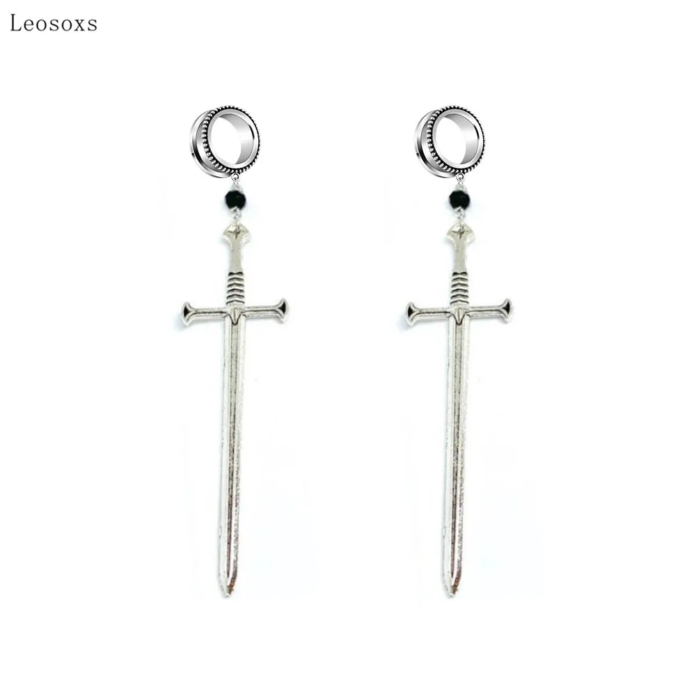 Leosoxs 2pcs European and American Fashion Dark Sword Dagger Black Bead Ear Piercing Jewelry