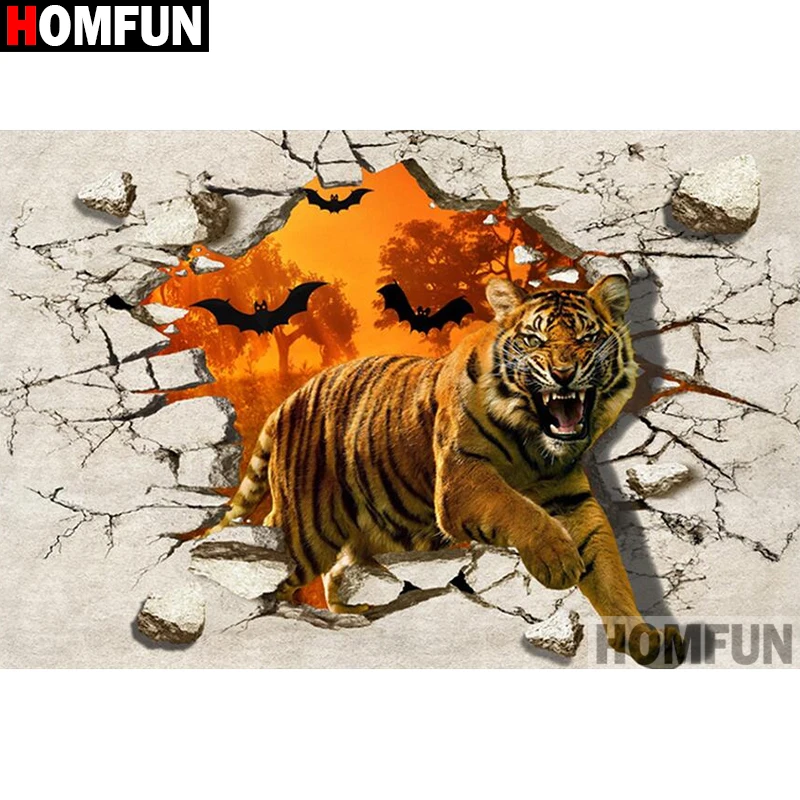 

HOMFUN 5D Diamond "Tiger breaking wall"Diamond Embroidery Full Round/ Square Diy Diamond Painting Cross Stitch Home Decor A27628