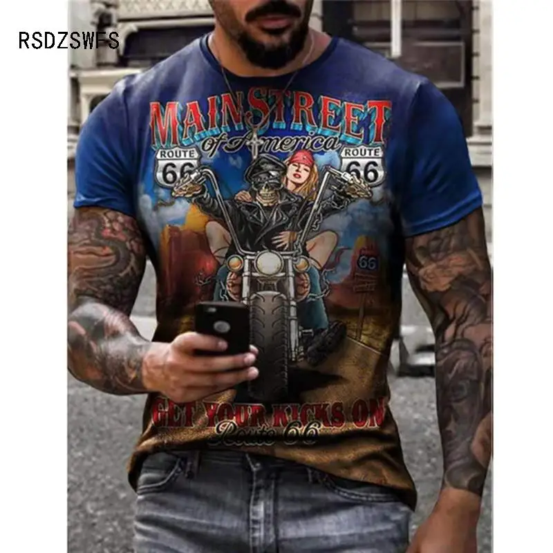 Trendy Motorcycle Biker Punk T Shirt For Men Popular Vintage Style Short Sleeve Streetwear Summer Casual Sport Men Tee Shirt