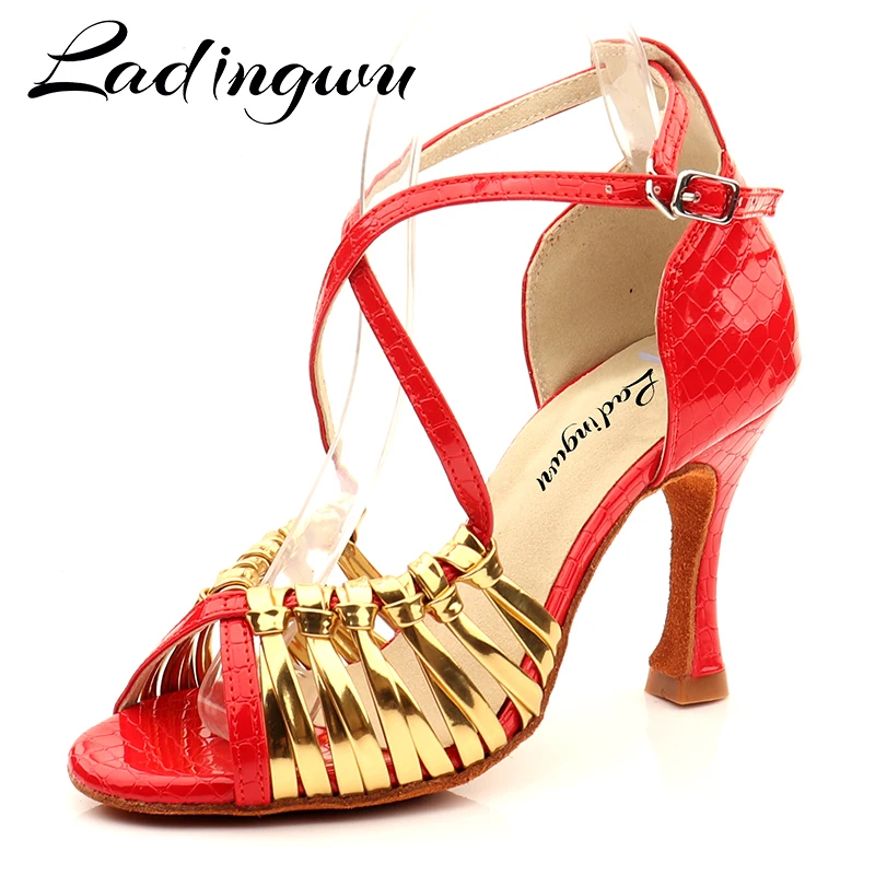 Ladingwu Women's Red Salsa Dance Shoes PU Crocodile Texture Unique Design Ballroom Latin Dance Footwear for Ladies Gold