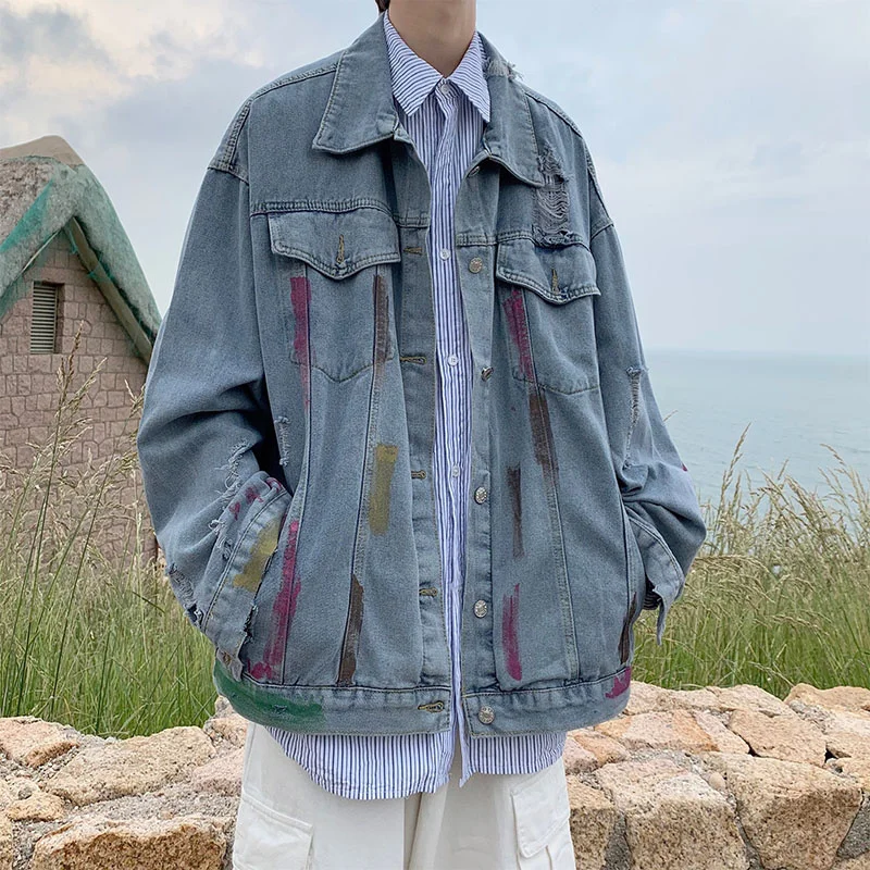 

Pierced denim jacket men's Korean version chaopai high street splash couple's coat spring and autumn loose fashion versatile top