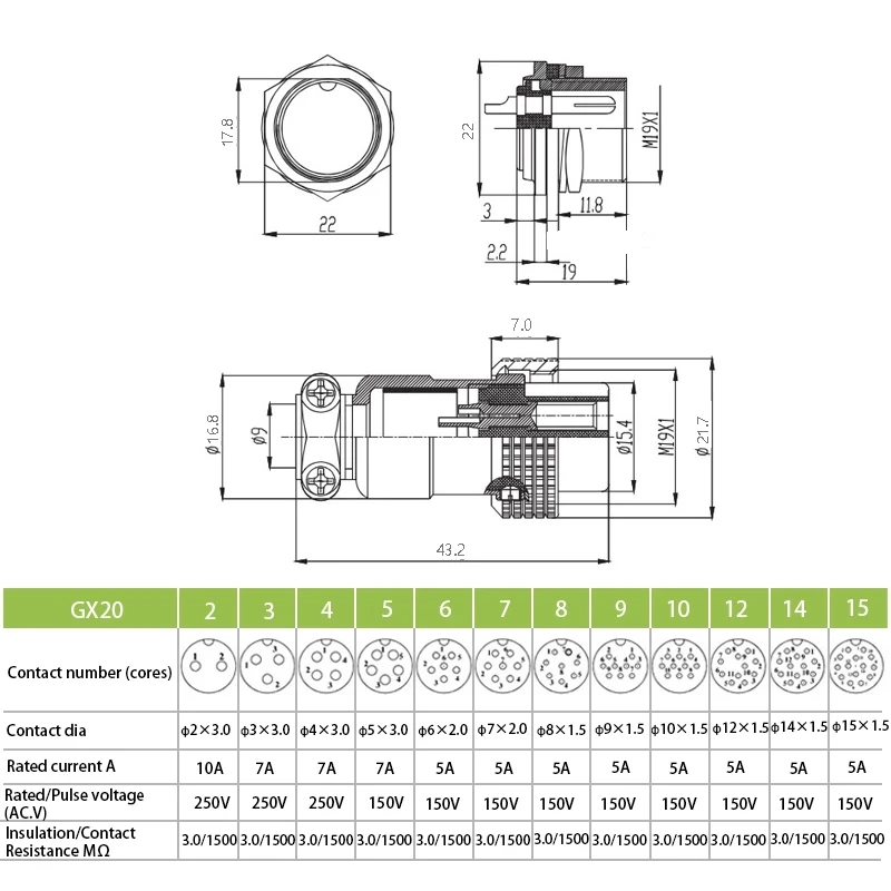 1Set GX20 2/3/4/5/6/7/8/9/10/12/14/15 Pin 20mm  Male + Female  Circular Nut Type Wire Panel Aviation Connector Socket Plug