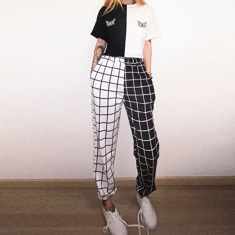 

New Korean Style Plaid Pants Spring Fashion Trousers Women Lattice Print High Waist Loose Black and White Checkerboard Casual