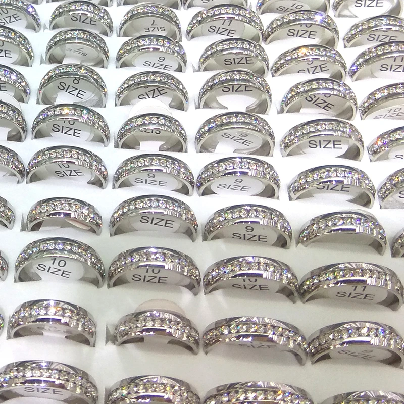 

50pcs Silver Color Stainless Steel Rings 6mm Width Clear Rhinestone Surrounding Mixed Size