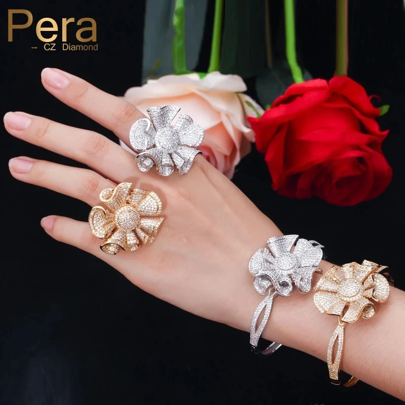 

Pera Luxury Yellow Gold Color Full Shinning Cubic Zirconia Big Flower Shape Bangle and Ring Women Engagement Party Jewelry Z031