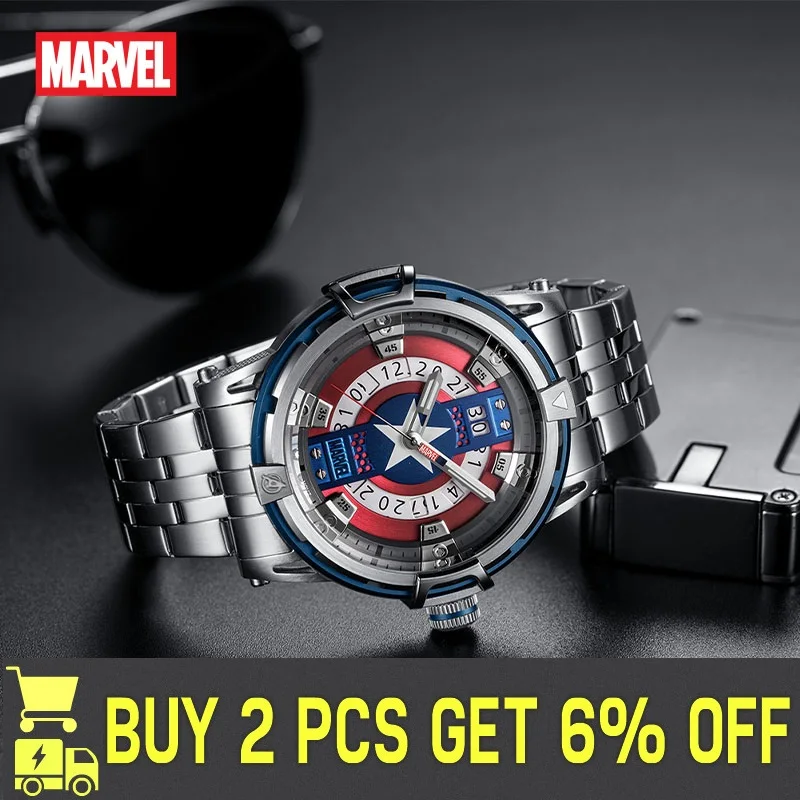 Disney Marvel Captain America Shell Mens Swiss RONDA Quartz Movement orologio da polso Casual Sapphire Crystal 5 Bar calendario luminoso