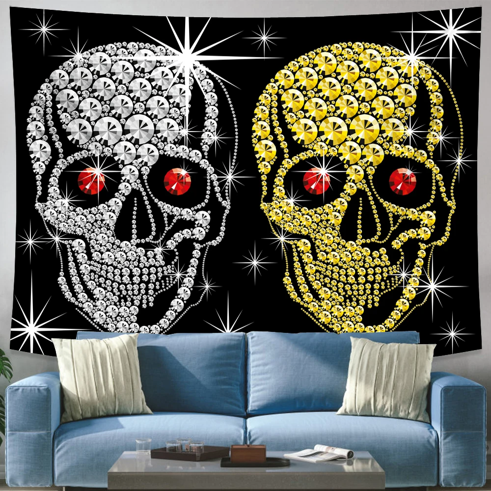 Psychedelic Black And White Skull Tapestry Hippie Moon Stars Wall Hanging Bohemian Dormitory Bed Cover Mandala Carpet