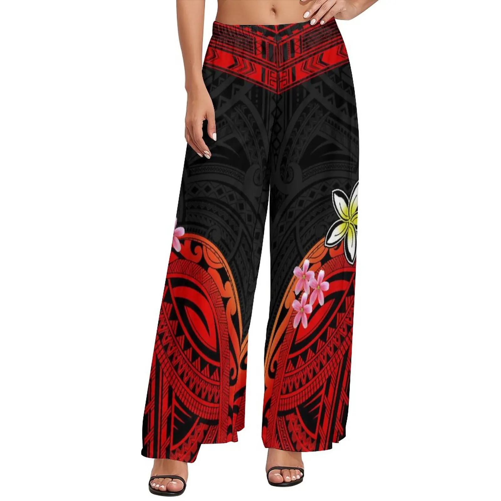 

Spring Summer Comfort Oversize Cropped Pants Polynesian Tribal Black Background With Maroon Plumeria Prints Custom Wide Leg Pant