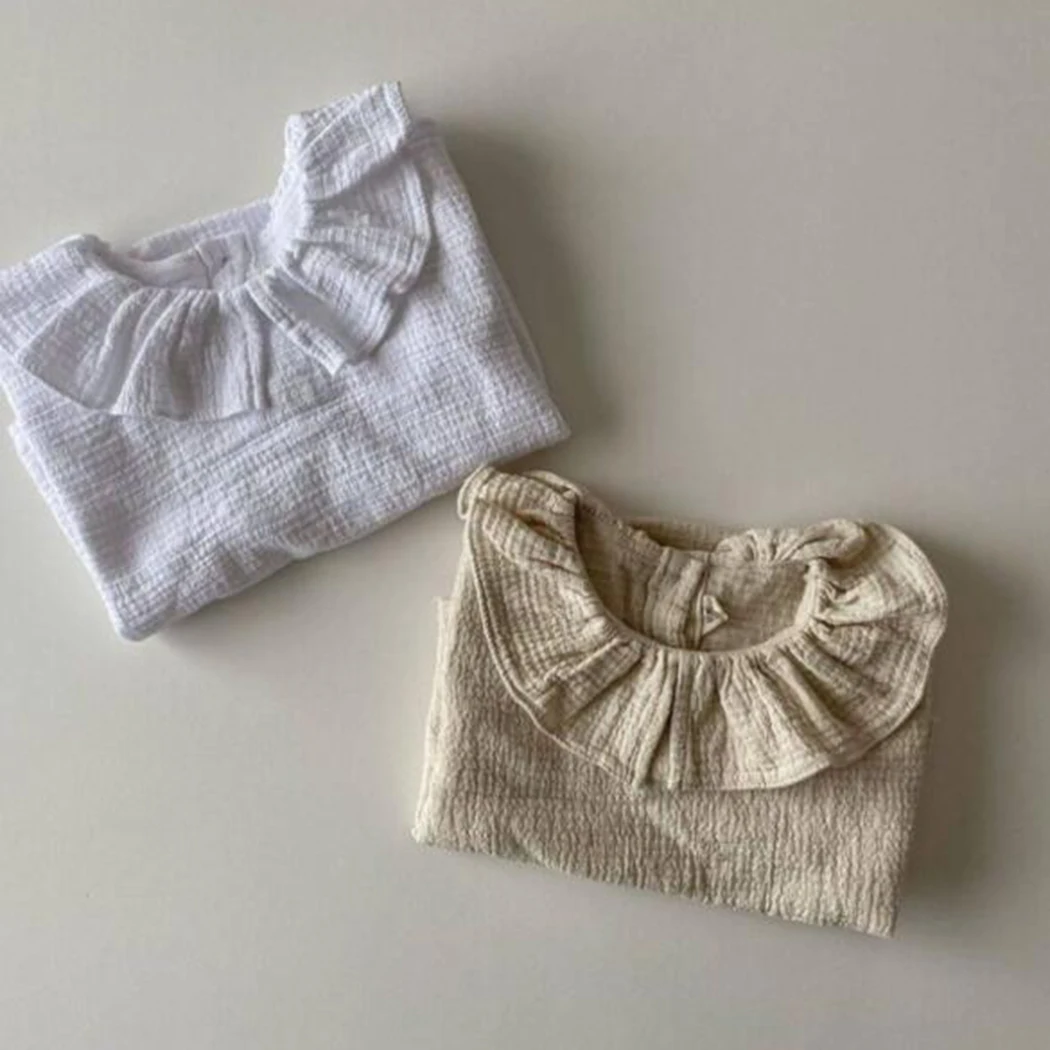 White/beige Newborn Baby Girl Cotton Shirt Ruffled Crew Neck Long Sleeve Linen Shirt Blouse Toddler Girls Soft Casual Tops