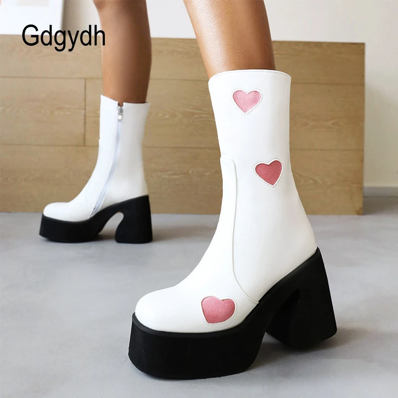 Gdgydh Trend Fashion Boots Women Heart Shaped Design Zipper Platform High Heel Shoes Women Popular Gothic Lolita Girtls On Sale