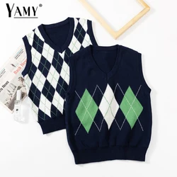 Jesienna 2023 dzianinowy tank top kobiety w stylu vintage argyle kamizelka damska kamizelka z dzianiny top krótki sweter kamizelka w kratę koreańska kamizelka z dekoltem