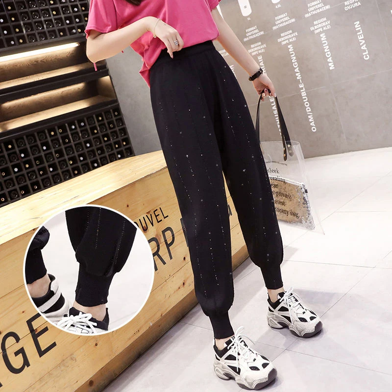 European Loose Pants Women 2022 Spring Summer New Heavy Vertical Drill Ice Knitted Trousers Girls Ladies High Waist Harlan Pants